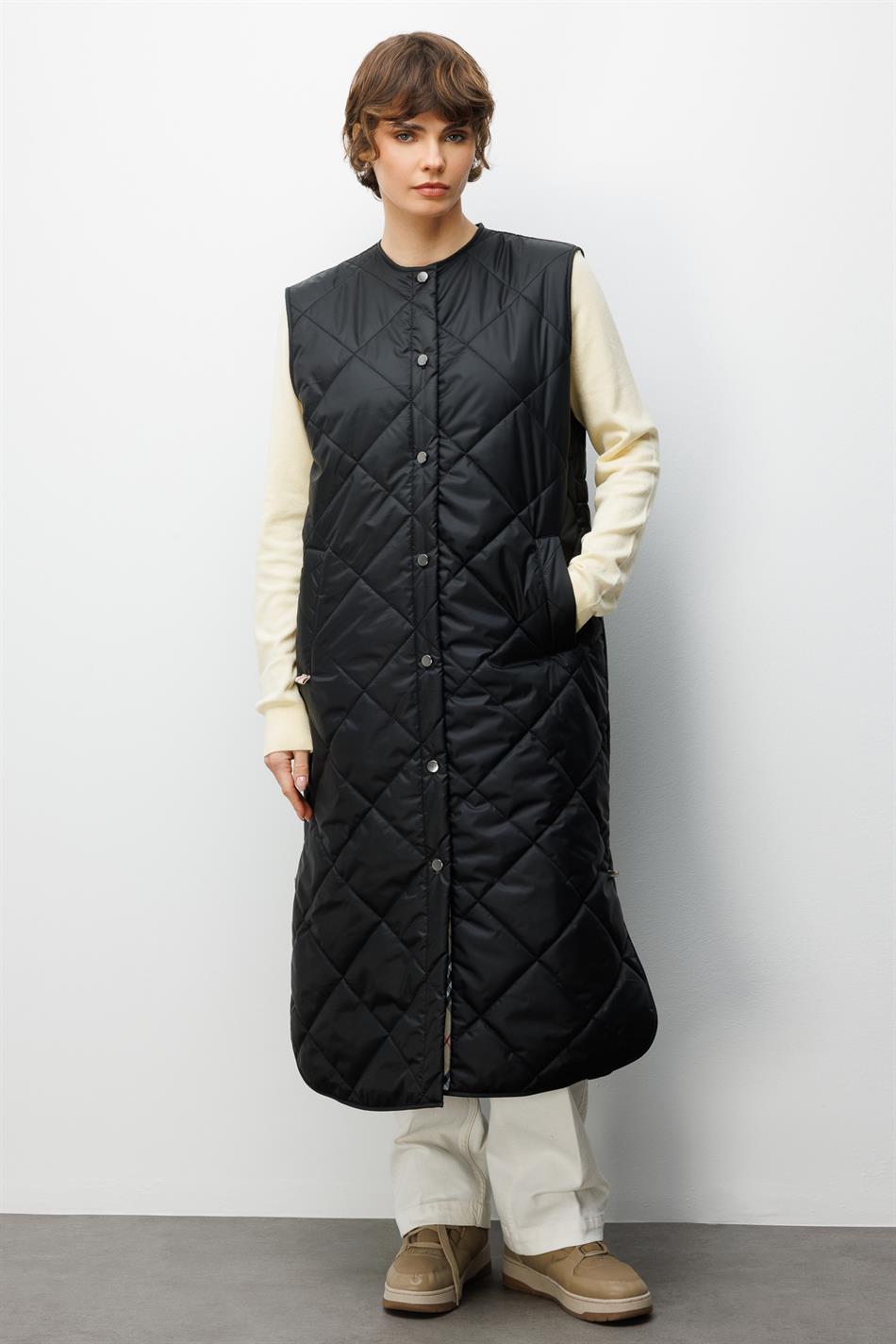 Uniek, gedetailleerd, gewatteerd, lang sportvest voor alle gelegenheden - Zwart