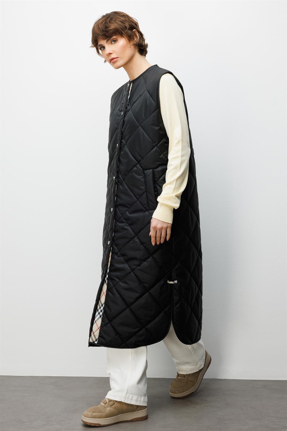 Uniek, gedetailleerd, gewatteerd, lang sportvest voor alle gelegenheden - Zwart