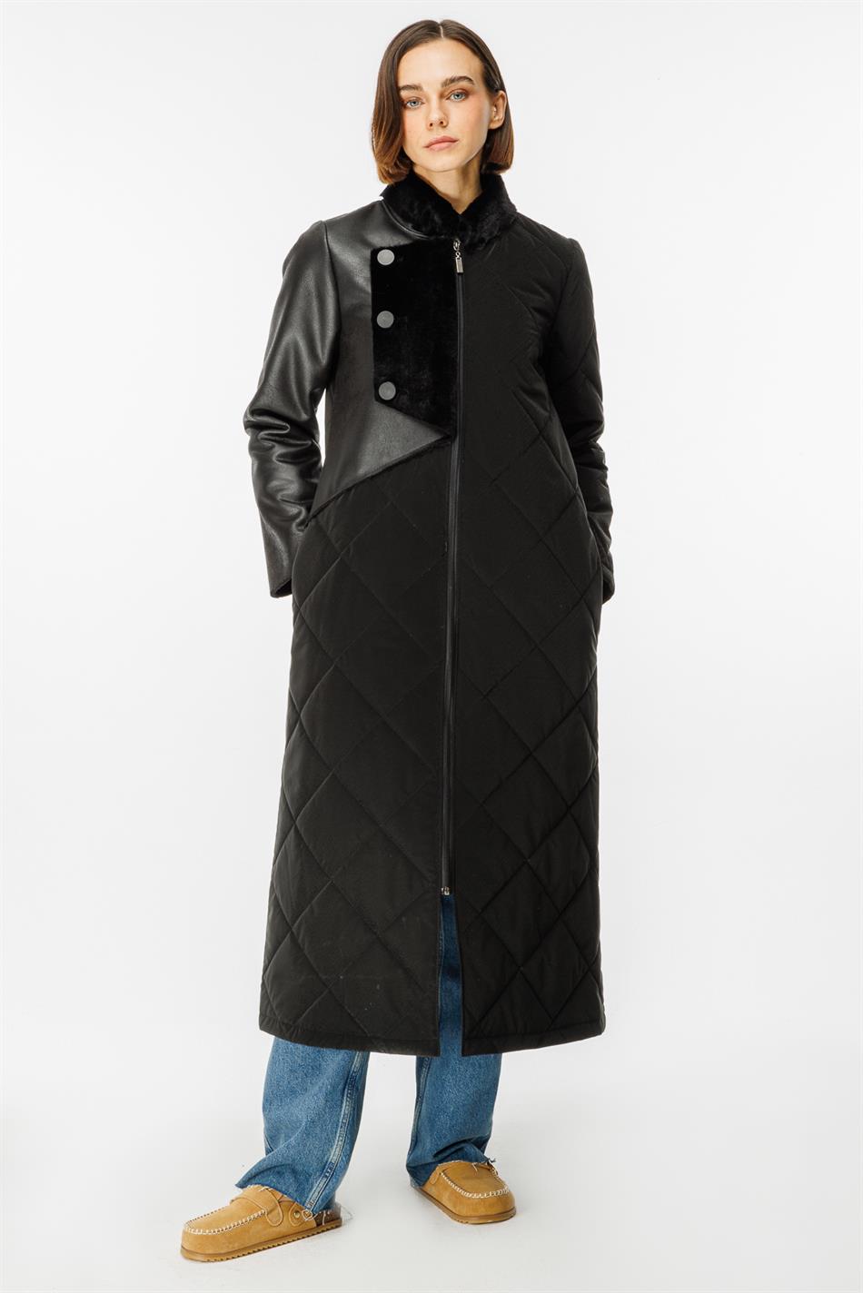 Versa Padded Special Fabric and Soft Faux Fur Lined Leather Sport Coat - Black
