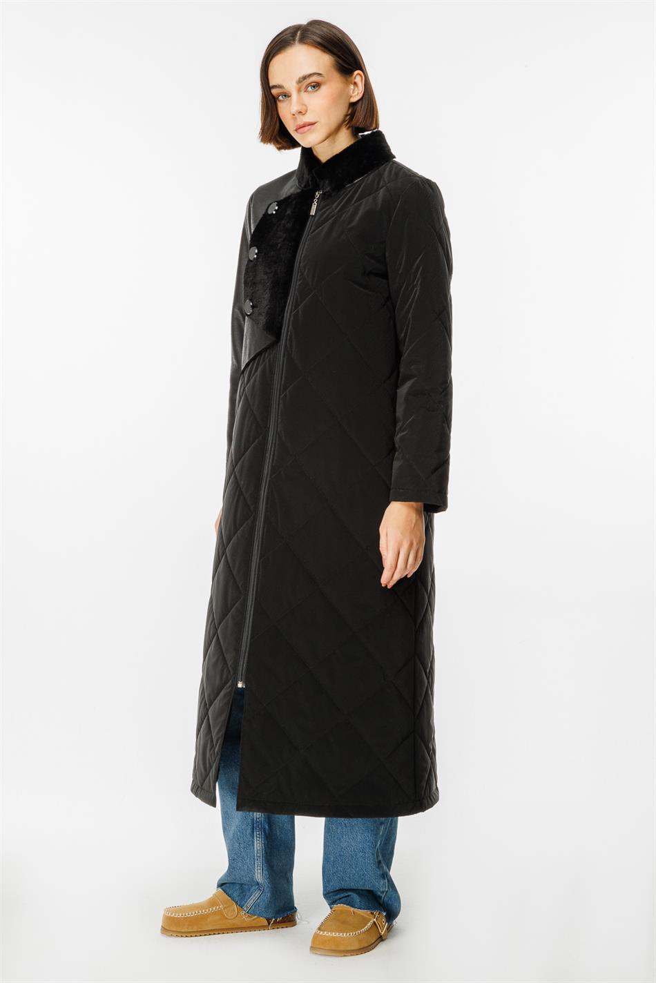 Versa Padded Special Fabric and Soft Faux Fur Lined Leather Sport Coat - Black