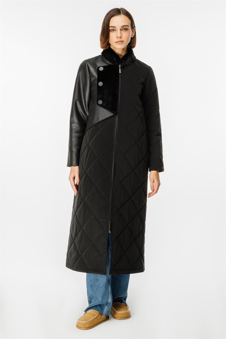 Versa Padded Special Fabric and Soft Faux Fur Lined Leather Sport Coat - Black