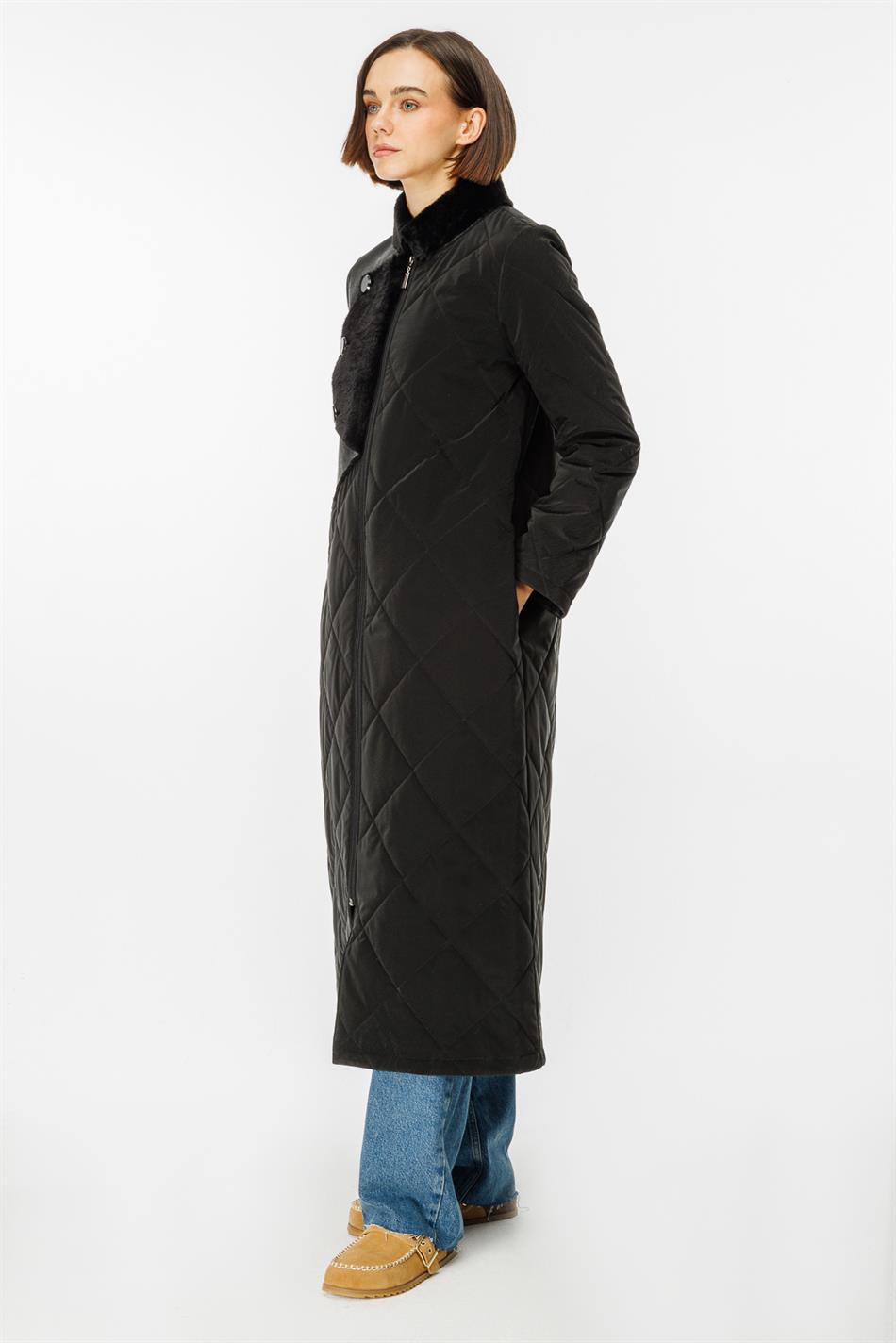 Versa Padded Special Fabric and Soft Faux Fur Lined Leather Sport Coat - Black