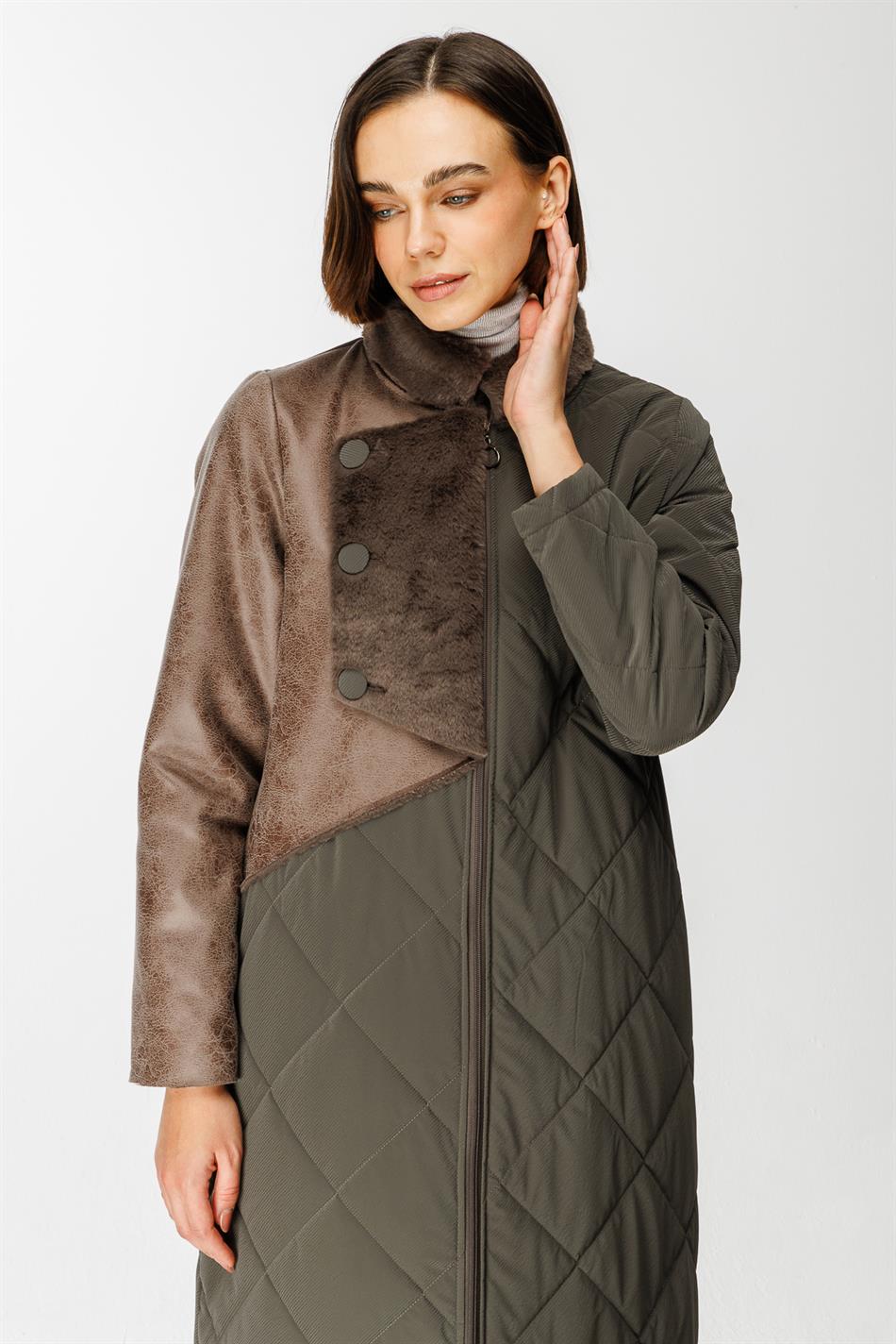 Versa Xüsusi Yastıqlı Parça və Yumşaq Süni Xəz Astarlı Dəri İdman Palto Gödəkçəsi - Mink