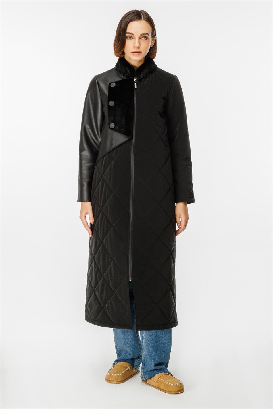 Versa Padded Special Fabric and Soft Faux Fur Lined Leather Sport Coat - Black