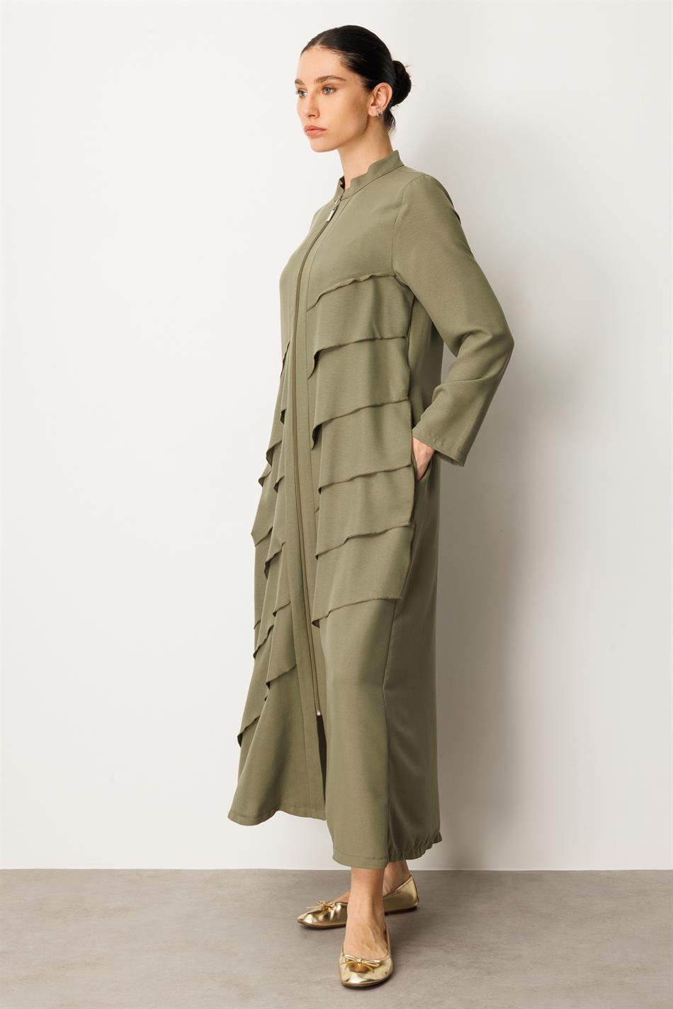 Volan Silk Coat Abaya - Khaki