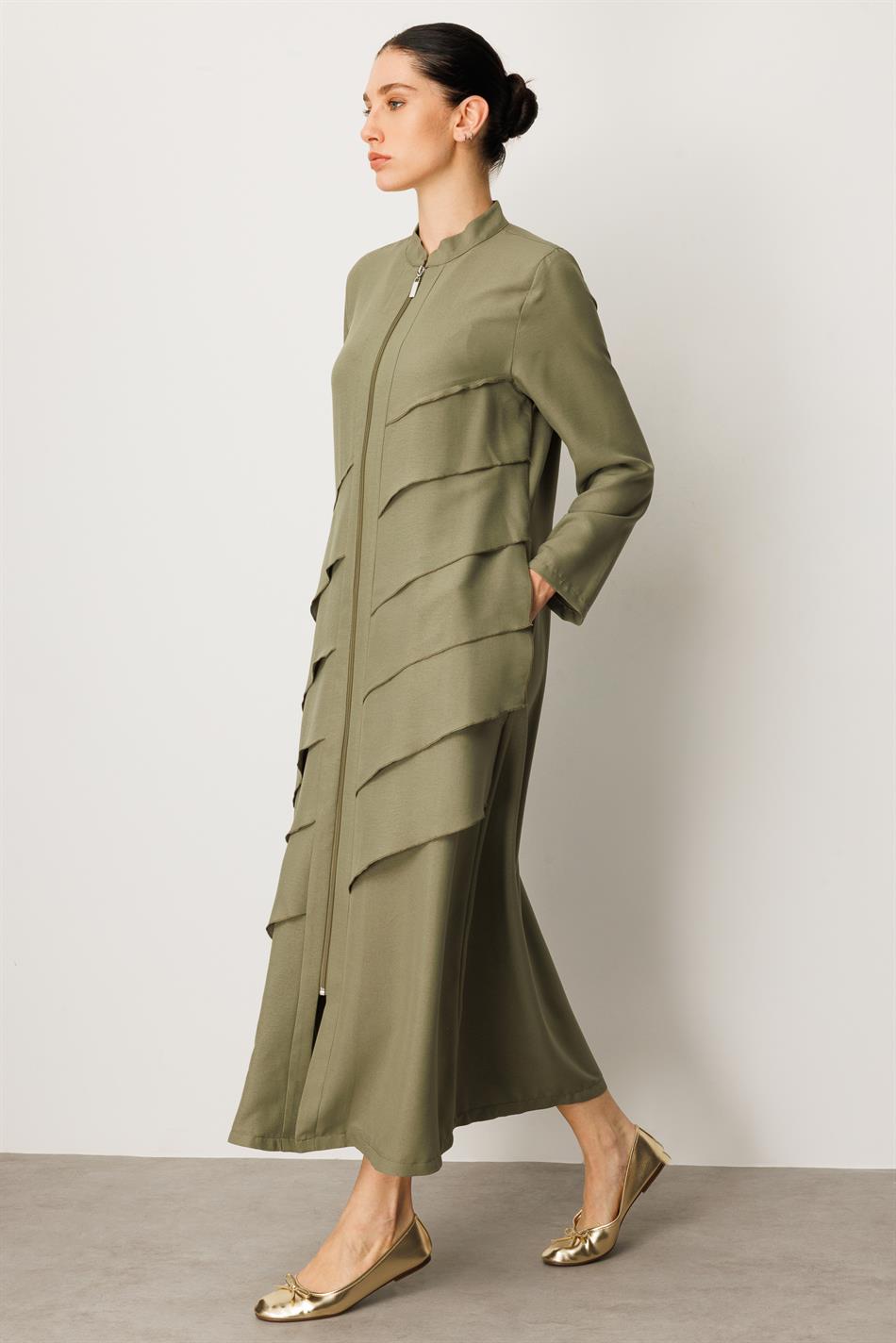 Volan Silk Coat Abaya - Khaki