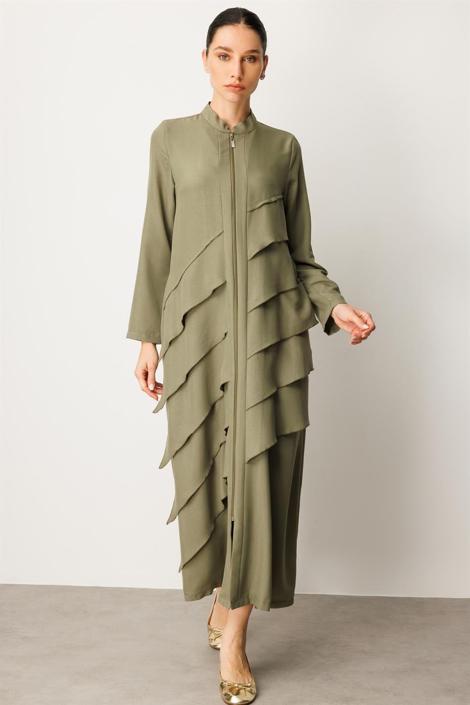 Volan Silk Coat Abaya - Khaki