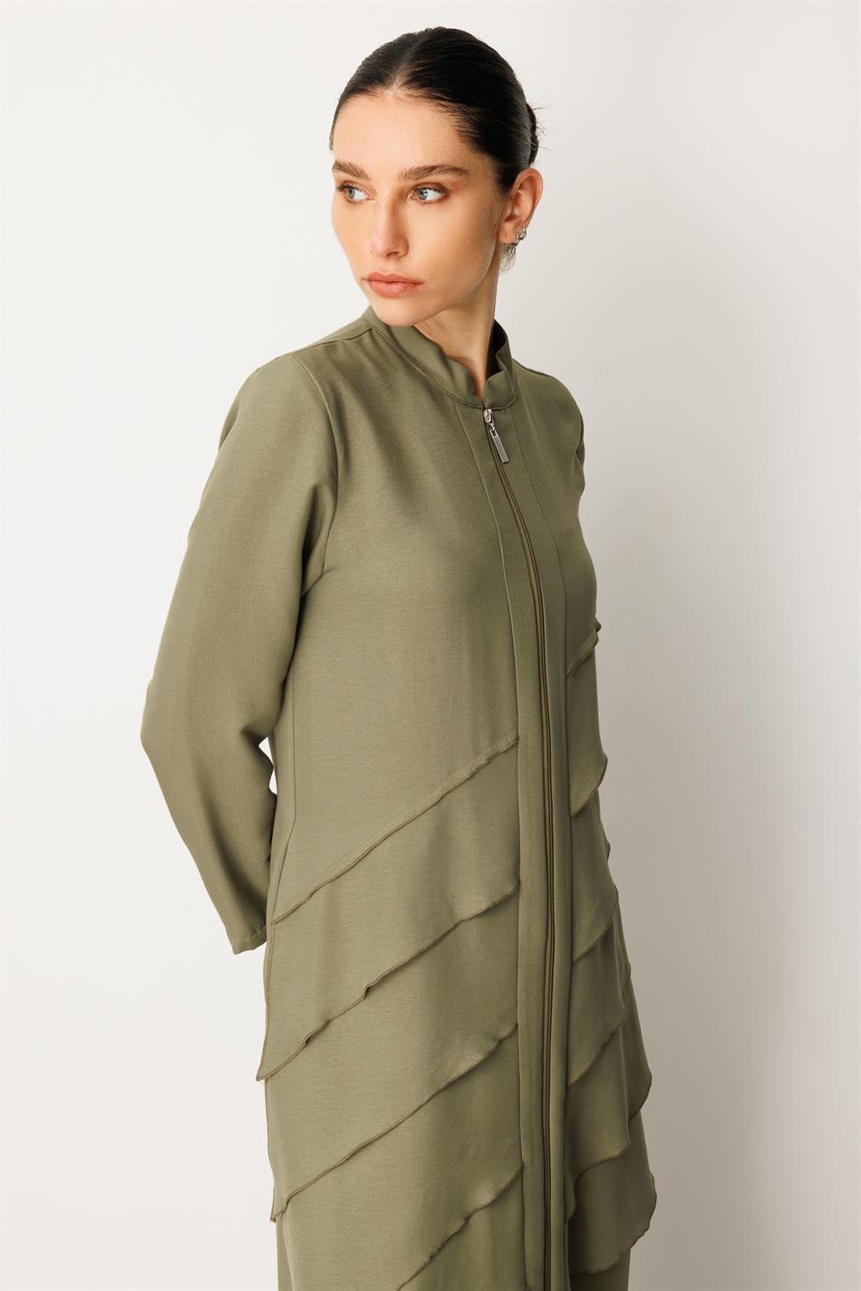 Volan Silk Coat Abaya - Khaki