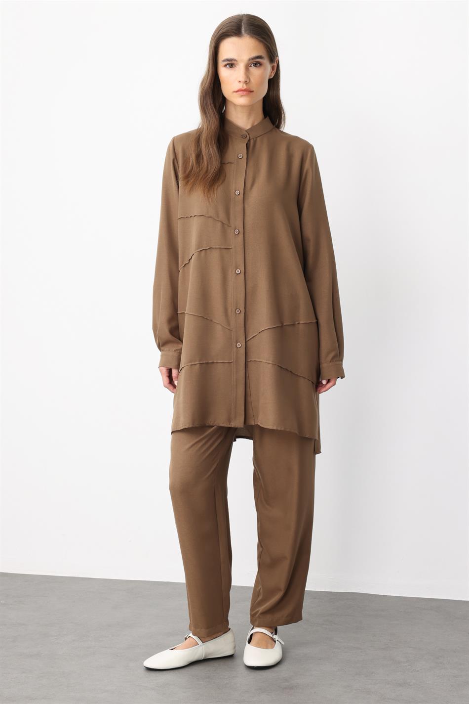 VYS Nervur Detaylı İpekçe Doku Alt ve Üst Kombin Takım-Vizon