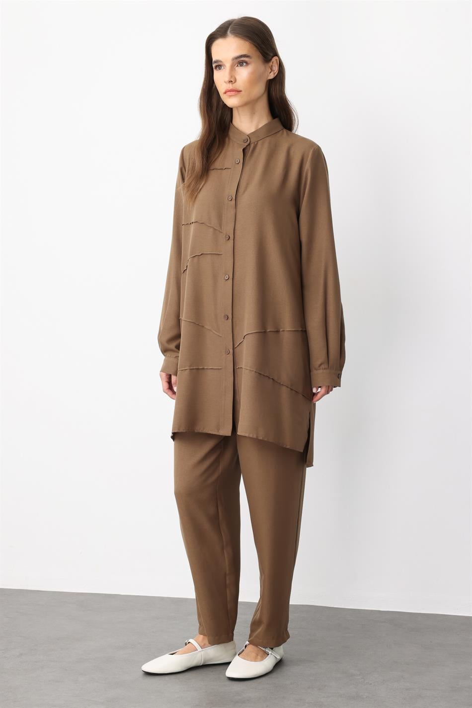 VYS Nervur Detaylı İpekçe Doku Alt ve Üst Kombin Takım-Vizon