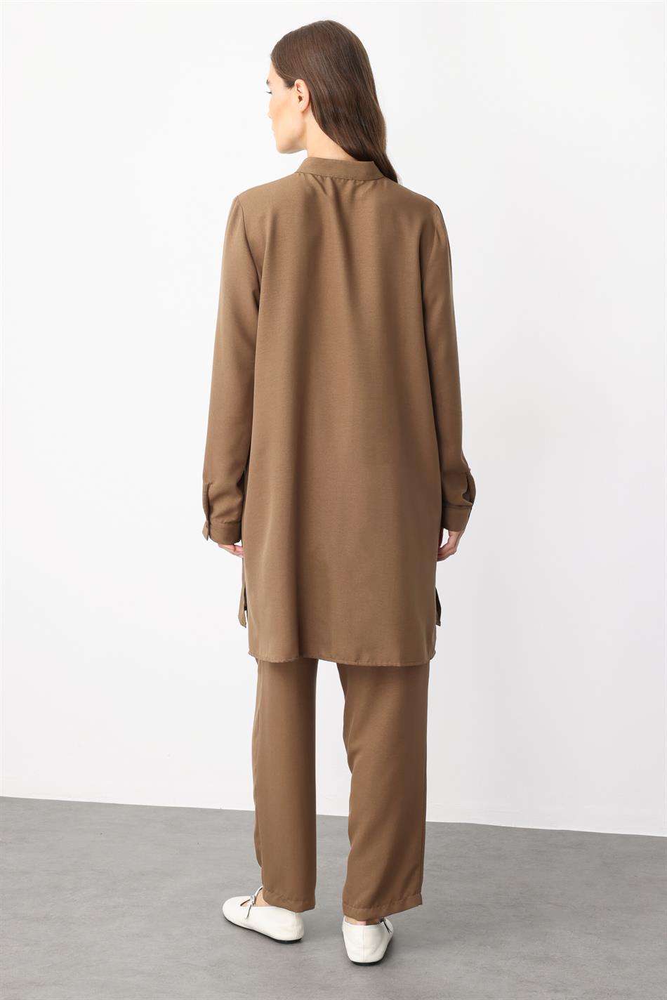 VYS Nervur Detaylı İpekçe Doku Alt ve Üst Kombin Takım-Vizon