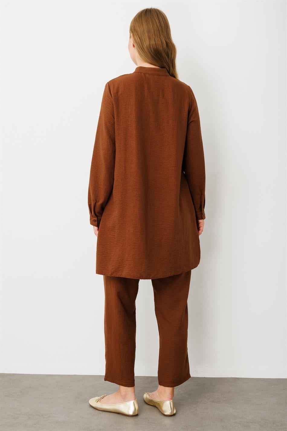 VYS Nervur Detaylı İpekçe Doku Alt ve Üst Kombin Takım-Kahve