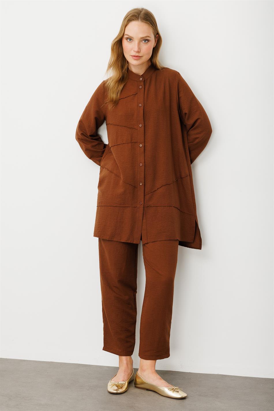VYS Nervur Detaylı İpekçe Doku Alt ve Üst Kombin Takım-Kahve