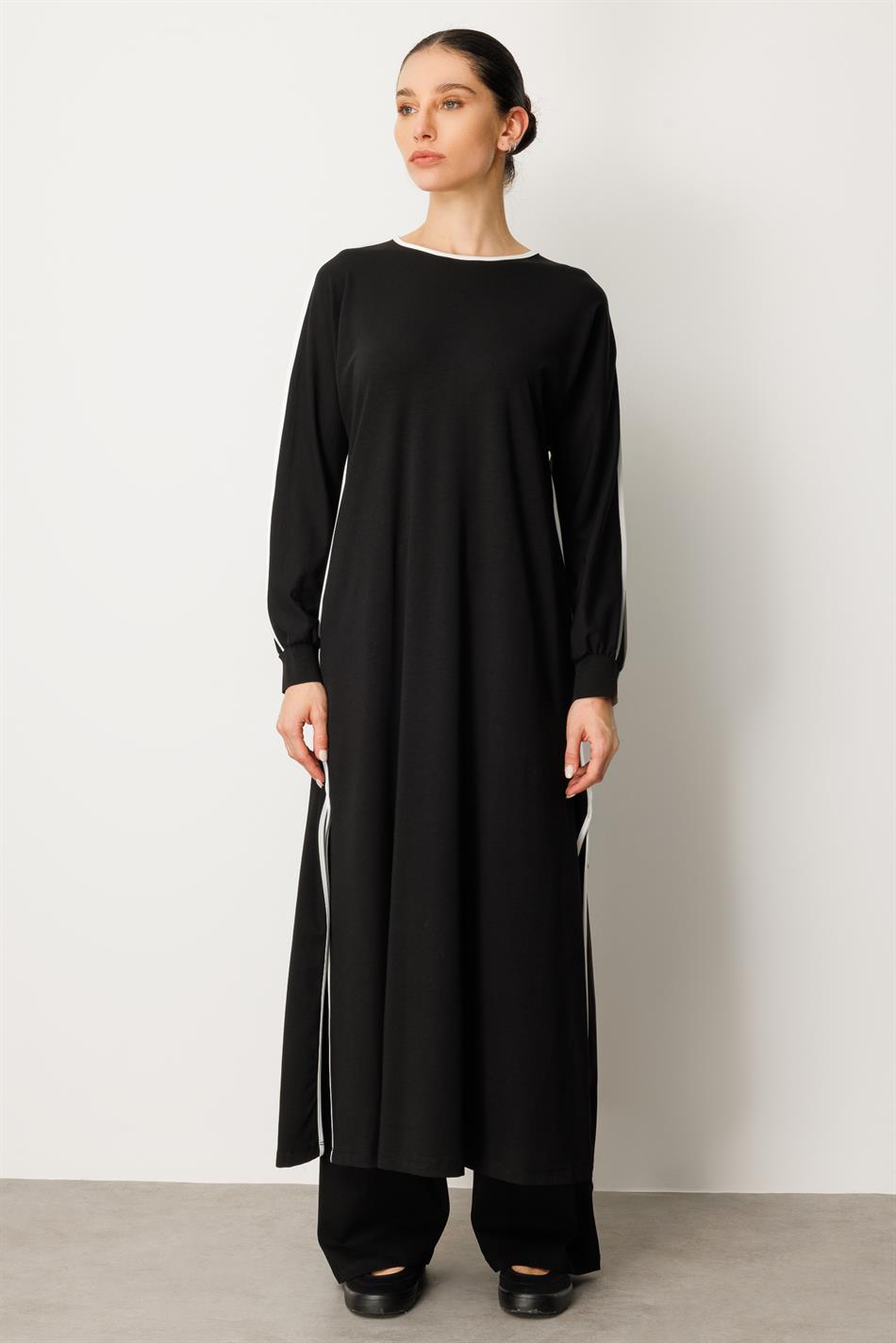 Yüksek Soft Pamuk İçerikli Kontrast Garni Detaylı  Pantolonlu Elbise Pantolon Kombin Takım-Siyah