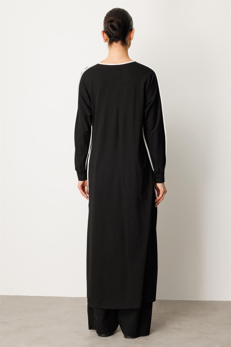 Yüksek Soft Pamuk İçerikli Kontrast Garni Detaylı  Pantolonlu Elbise Pantolon Kombin Takım-Siyah