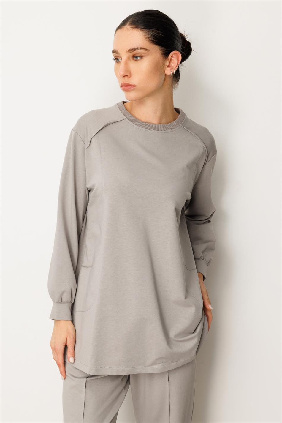 High-Soft Cotton, Understitch Detail, Hip-Covering Pants and Tunic Set - Grey