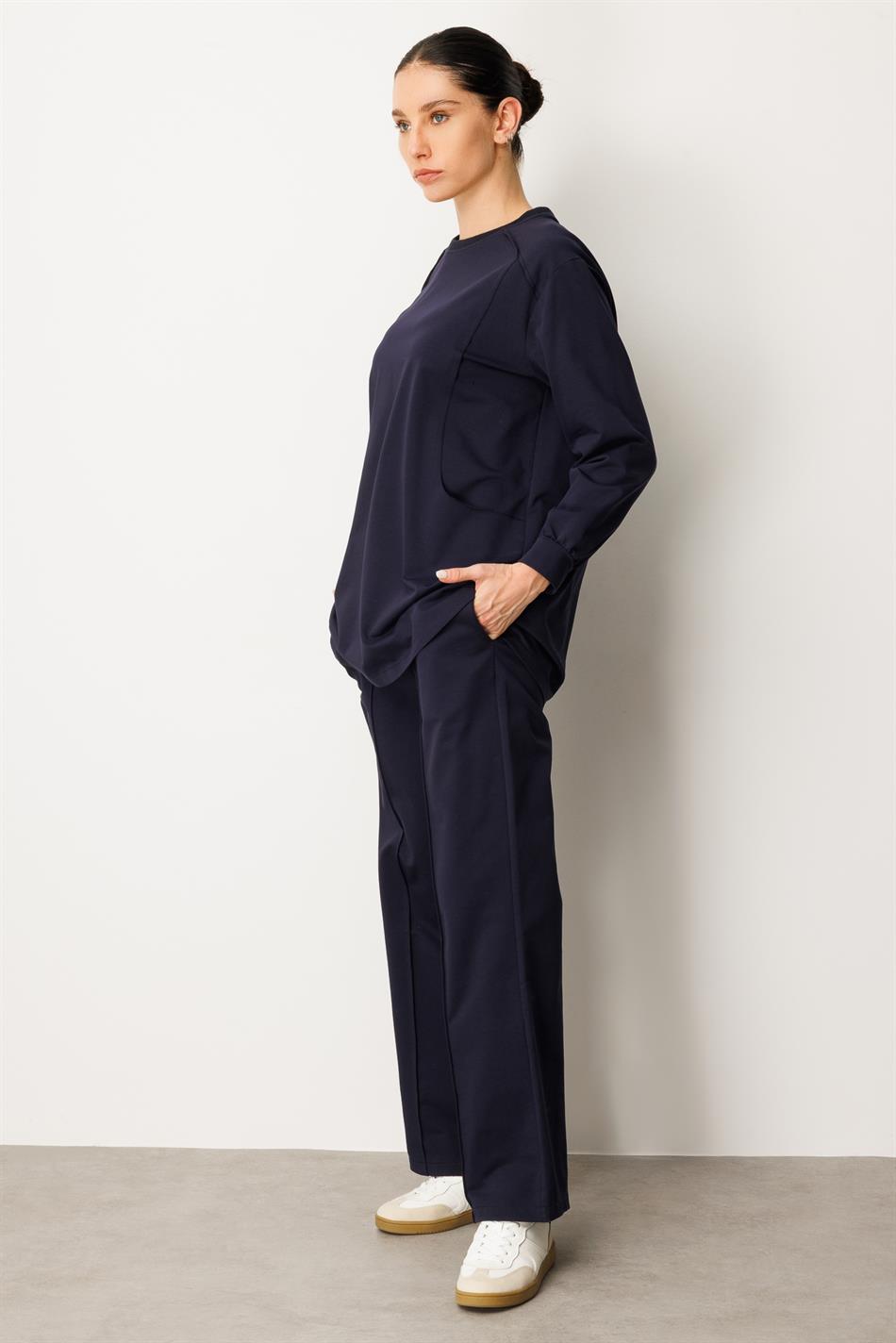 Heupbedekkende broek en tuniekset van zeer zacht katoen met sierstiksels - marineblauw