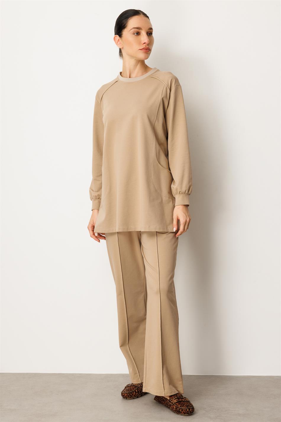 Yüksek Soft Pamuk İçerikli Pis Dikiş Detaylı Basen Örten Pantolon ve Tunik Kombin Takım-Vizon