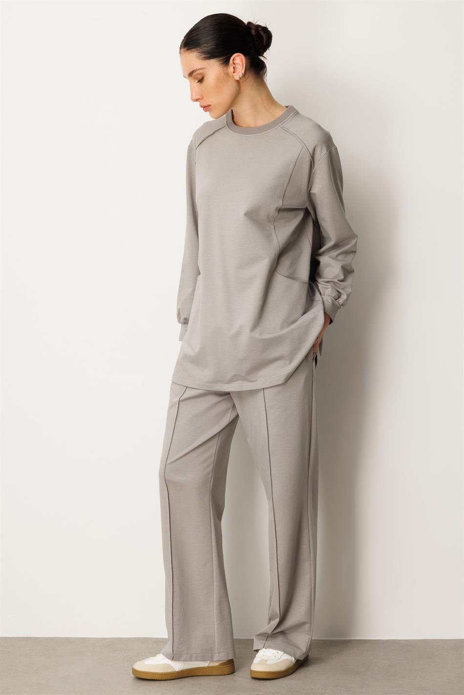 High-Soft Cotton, Understitch Detail, Hip-Covering Pants and Tunic Set - Grey