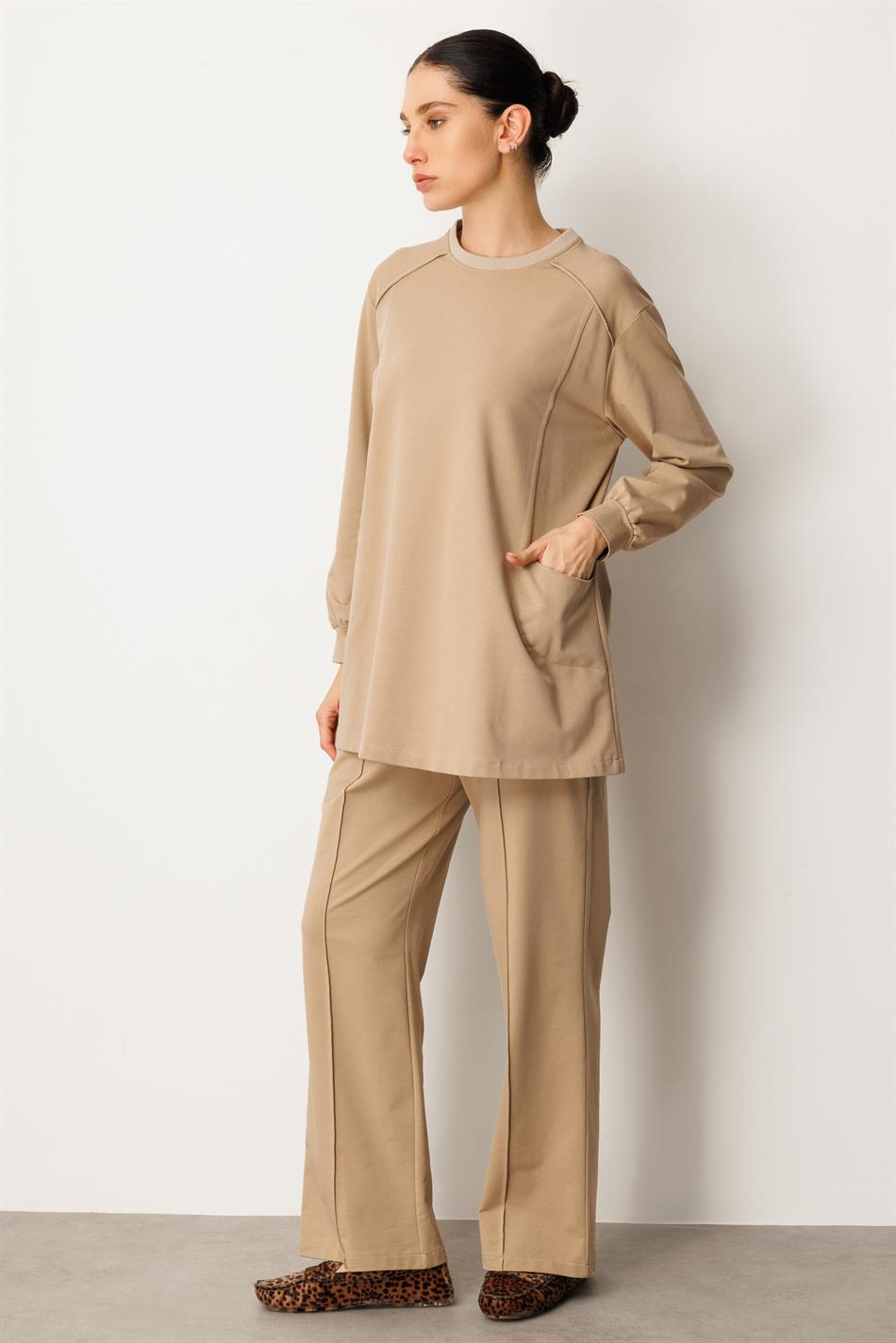 Yüksek Soft Pamuk İçerikli Pis Dikiş Detaylı Basen Örten Pantolon ve Tunik Kombin Takım-Vizon
