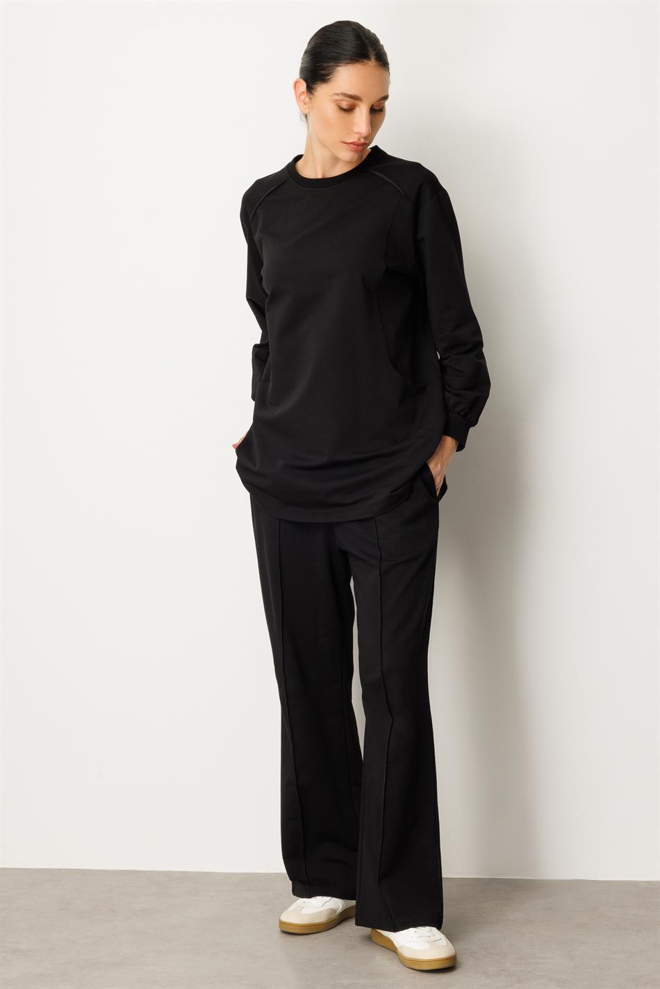 Yüksek Soft Pamuk İçerikli Pis Dikiş Detaylı Basen Örten Pantolon ve Tunik Kombin Takım-Siyah