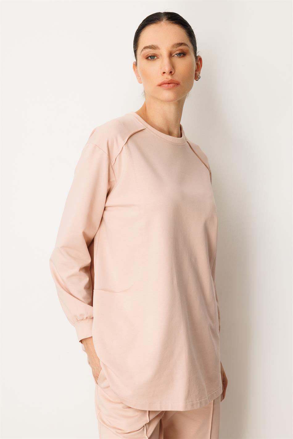 Heupbedekkende broek en tuniekset van heerlijk zacht katoen met verfijnde stiksels - Poederroze