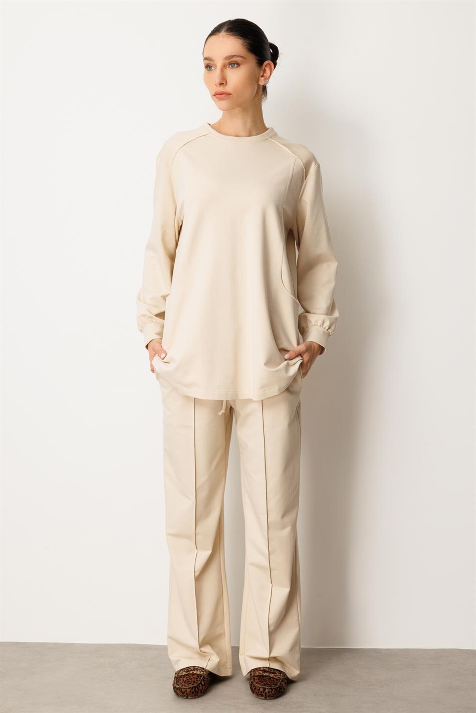 Broek en tuniekset van zacht katoen met dirty stitch-details die de heupen bedekt - Steenkleur