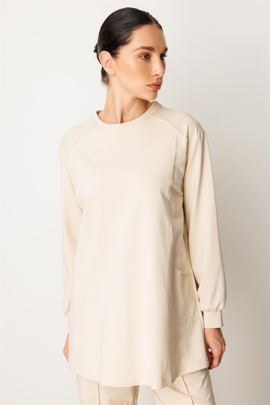 Broek en tuniekset van zacht katoen met dirty stitch-details die de heupen bedekt - Steenkleur