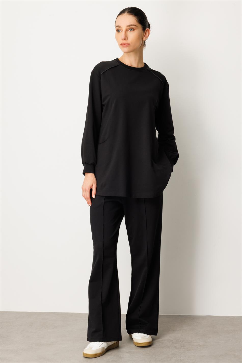 Yüksek Soft Pamuk İçerikli Pis Dikiş Detaylı Basen Örten Pantolon ve Tunik Kombin Takım-Siyah