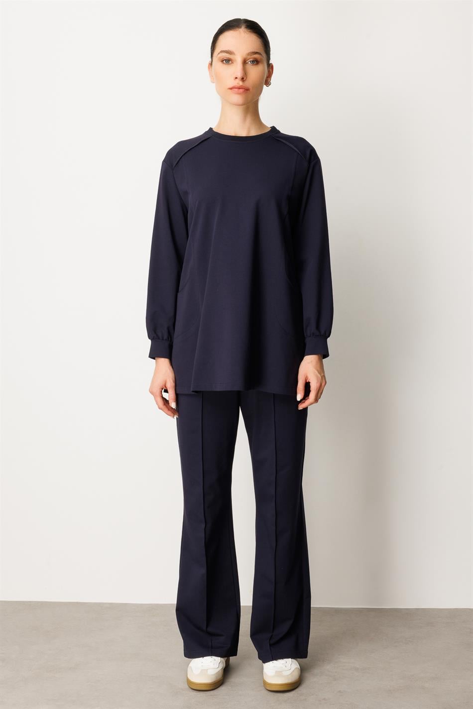 Heupbedekkende broek en tuniekset van zeer zacht katoen met sierstiksels - marineblauw