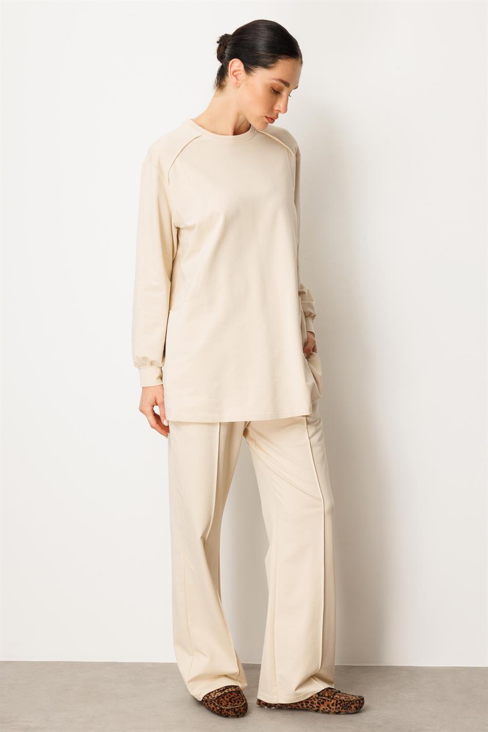 Broek en tuniekset van zacht katoen met dirty stitch-details die de heupen bedekt - Steenkleur