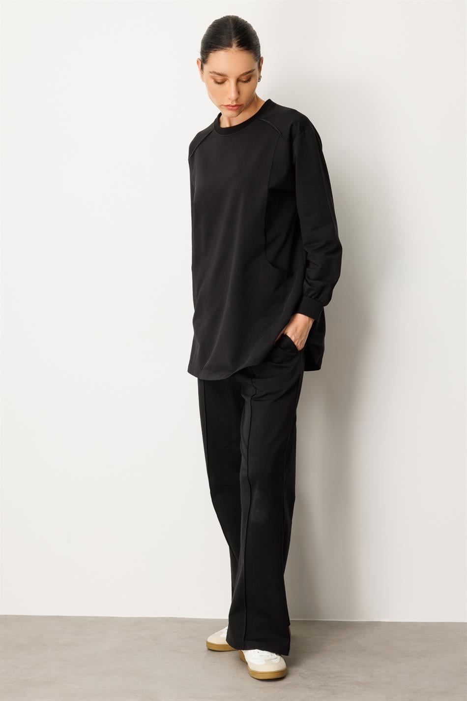 Yüksek Soft Pamuk İçerikli Pis Dikiş Detaylı Basen Örten Pantolon ve Tunik Kombin Takım-Siyah