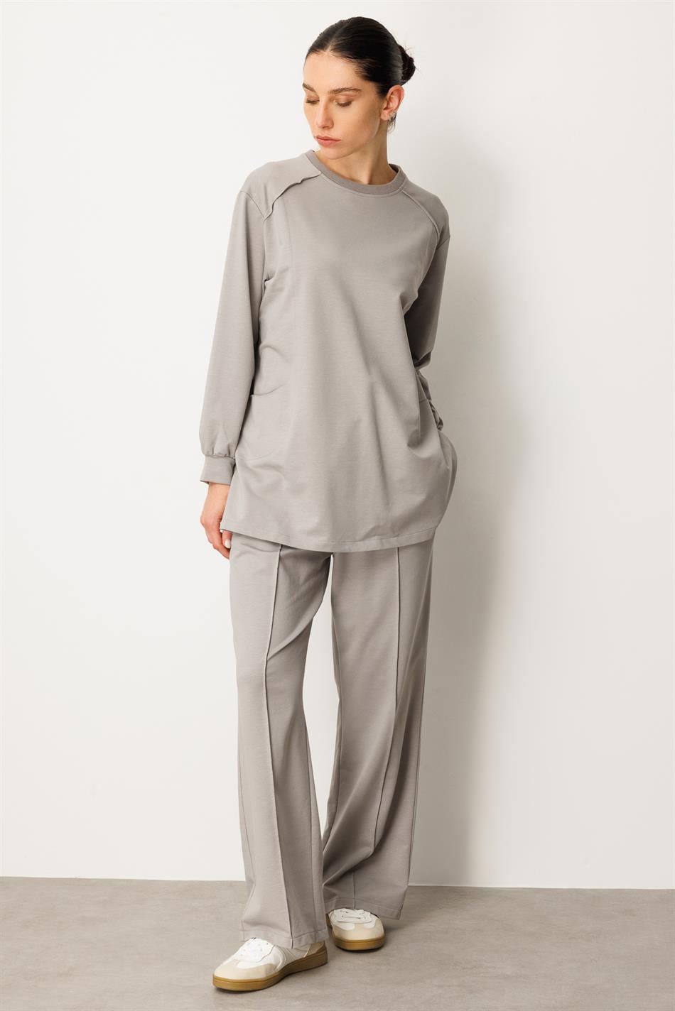 High-Soft Cotton, Understitch Detail, Hip-Covering Pants and Tunic Set - Grey