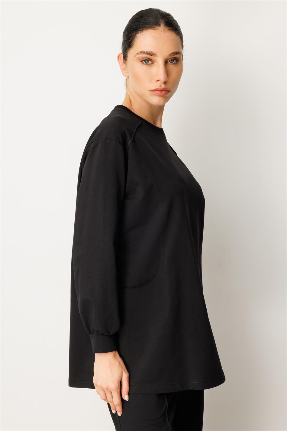 Yüksek Soft Pamuk İçerikli Pis Dikiş Detaylı Basen Örten Pantolon ve Tunik Kombin Takım-Siyah