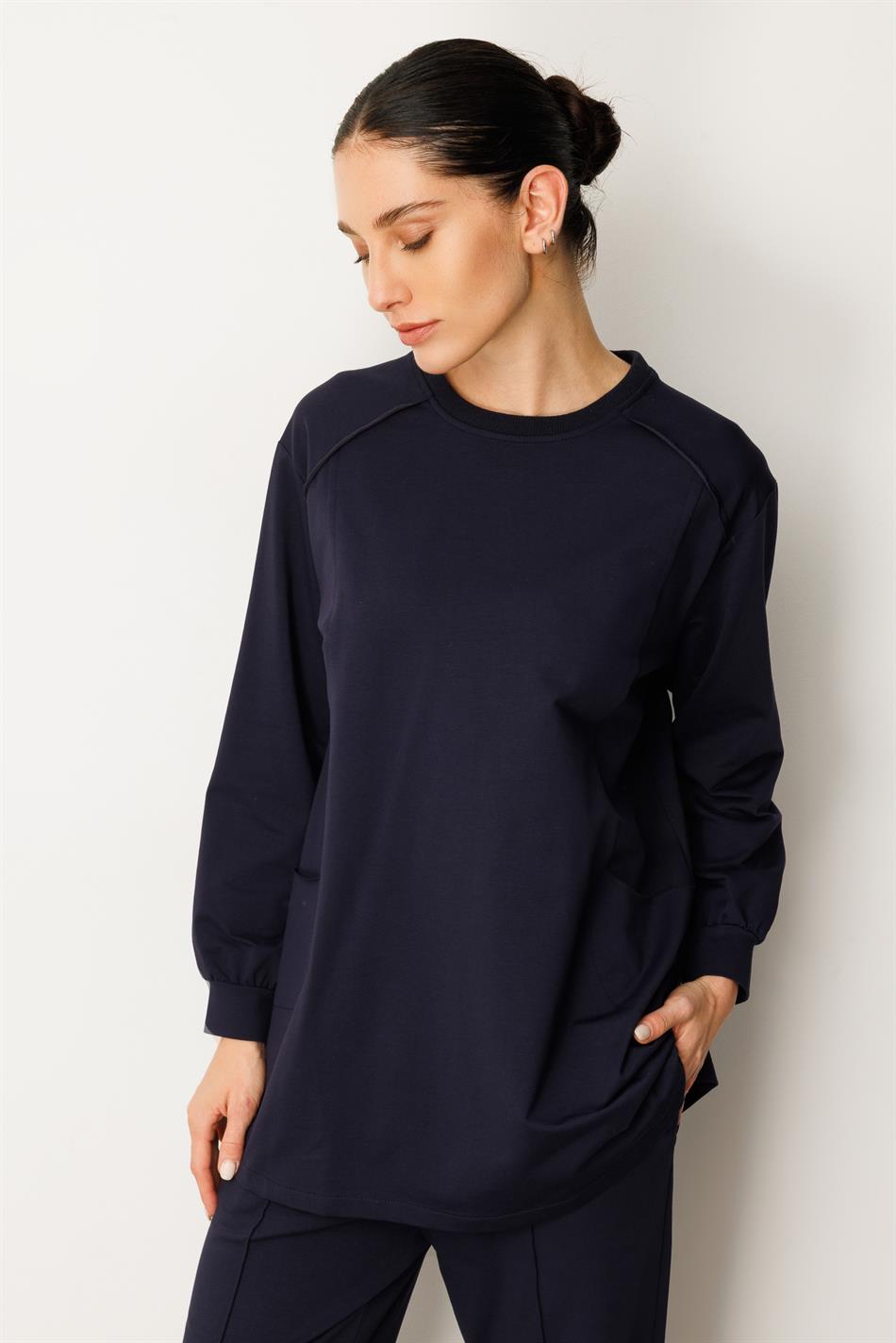 Heupbedekkende broek en tuniekset van zeer zacht katoen met sierstiksels - marineblauw