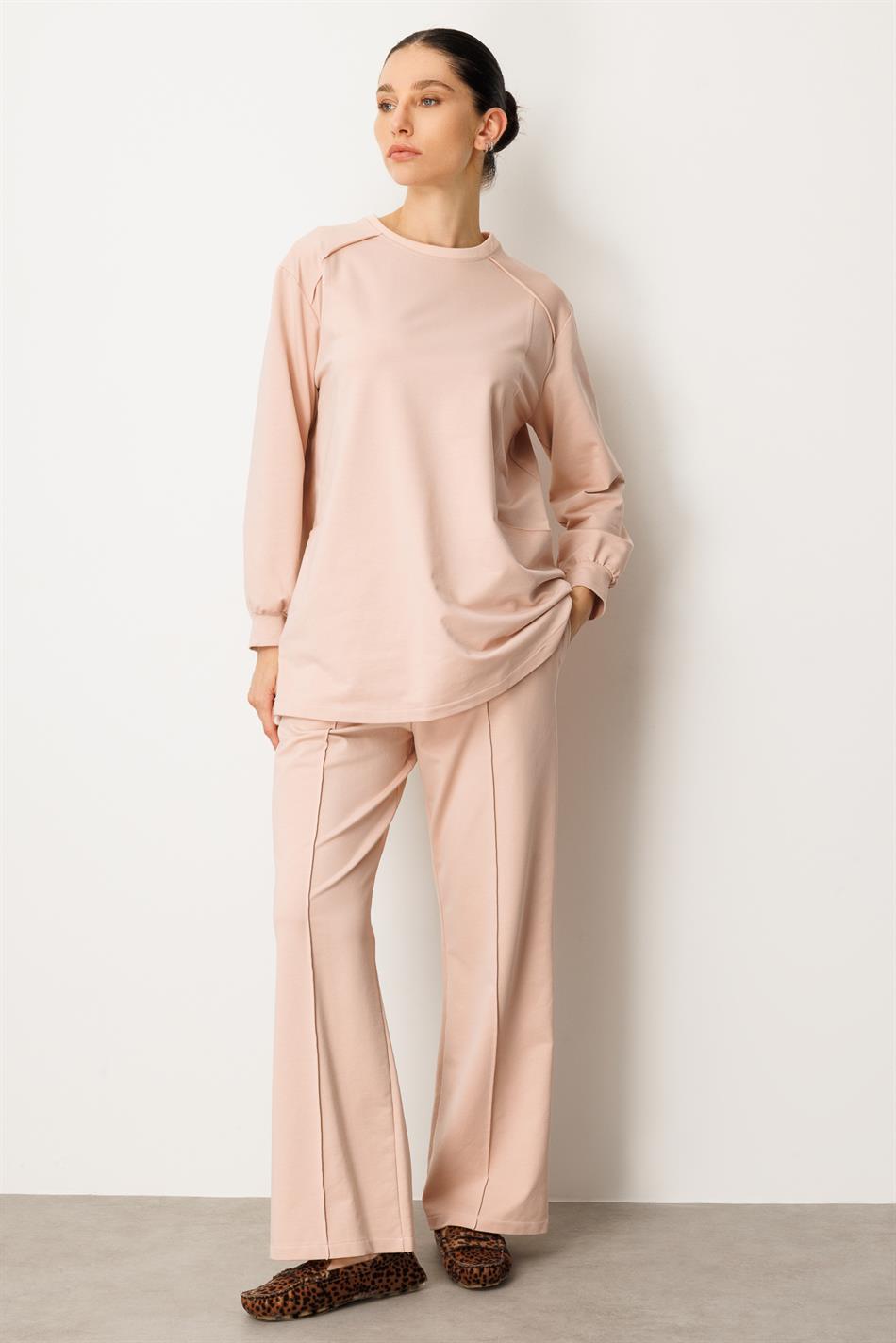 Heupbedekkende broek en tuniekset van heerlijk zacht katoen met verfijnde stiksels - Poederroze