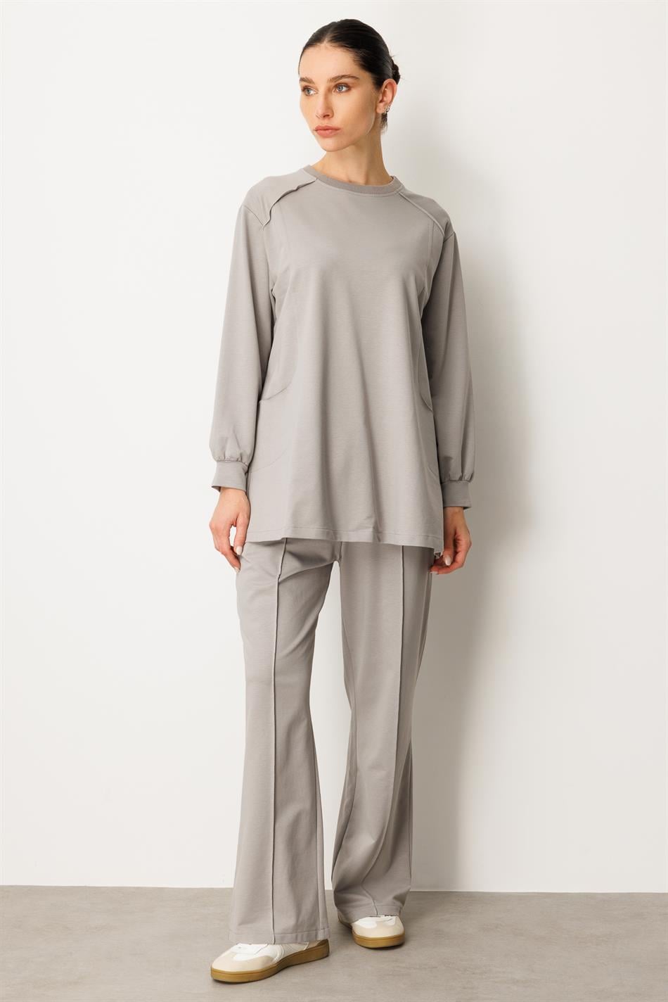 High-Soft Cotton, Understitch Detail, Hip-Covering Pants and Tunic Set - Grey