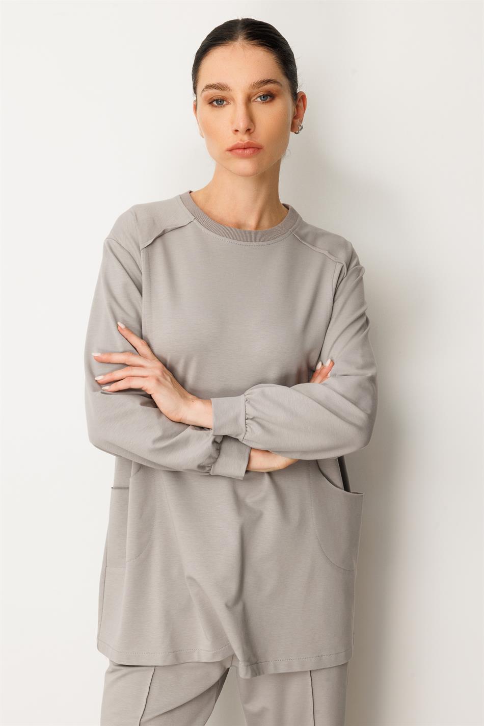 High-Soft Cotton, Understitch Detail, Hip-Covering Pants and Tunic Set - Grey