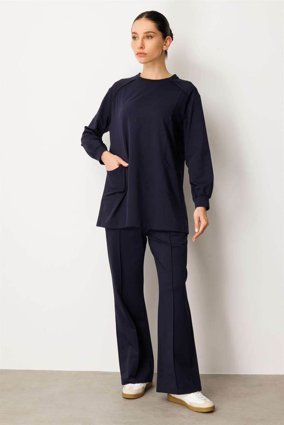 Heupbedekkende broek en tuniekset van zeer zacht katoen met sierstiksels - marineblauw