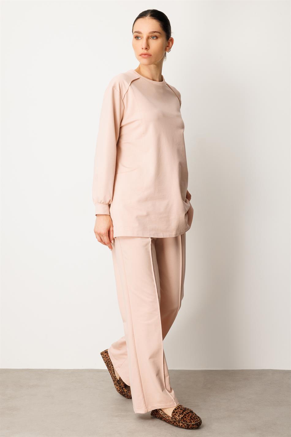 Heupbedekkende broek en tuniekset van heerlijk zacht katoen met verfijnde stiksels - Poederroze