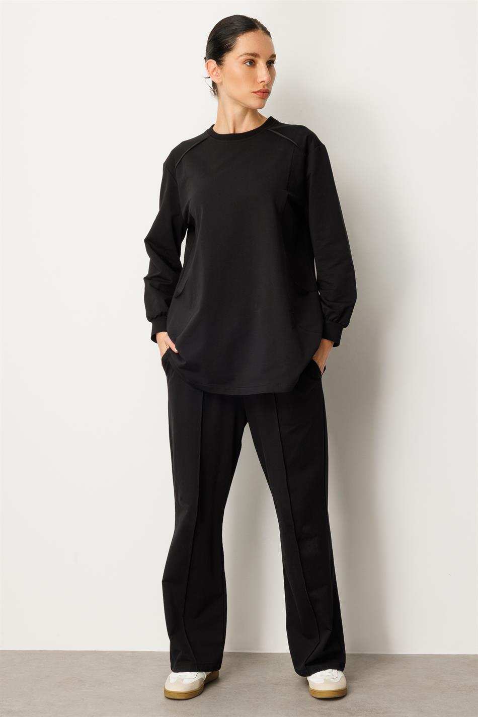 Yüksek Soft Pamuk İçerikli Pis Dikiş Detaylı Basen Örten Pantolon ve Tunik Kombin Takım-Siyah