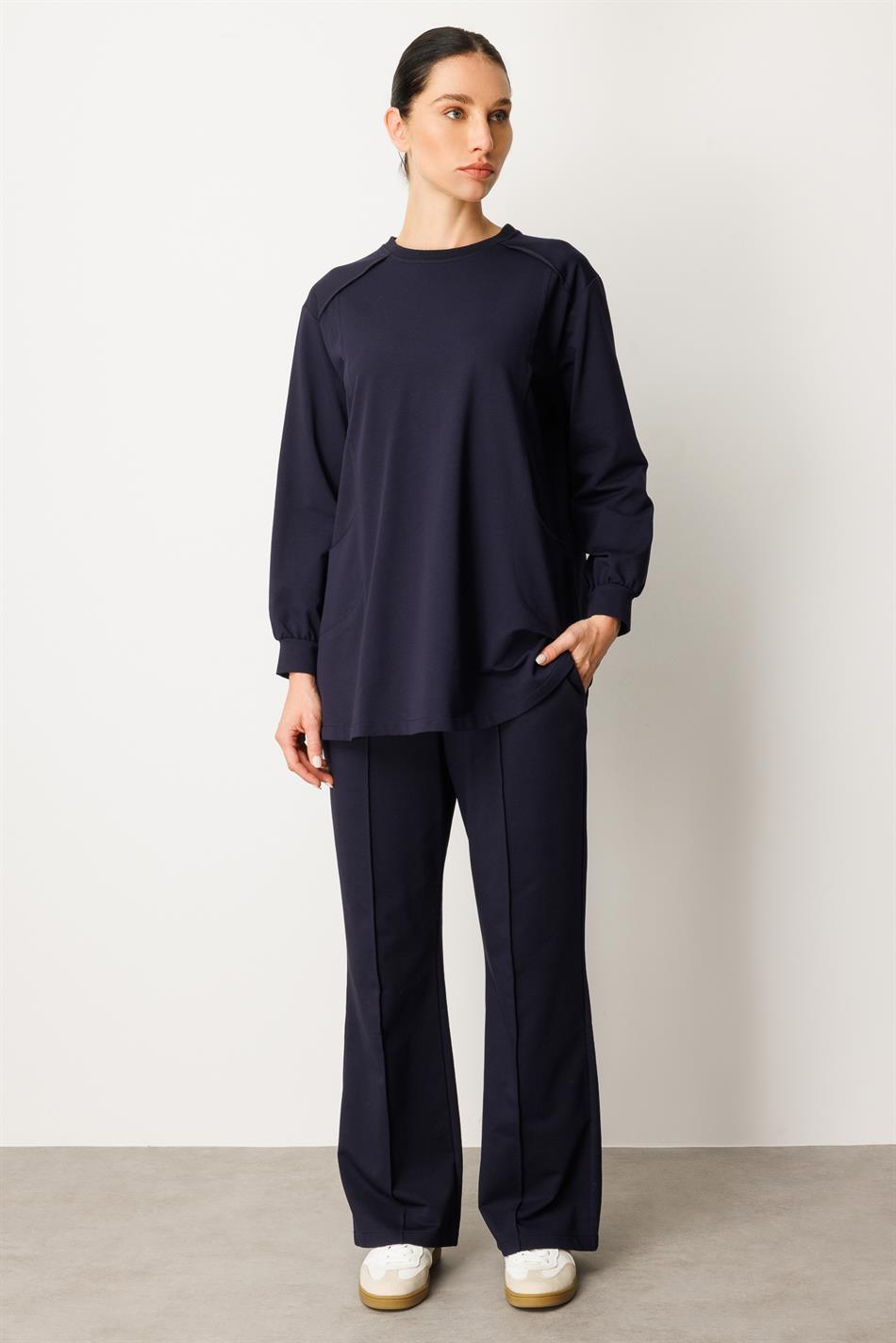 Heupbedekkende broek en tuniekset van zeer zacht katoen met sierstiksels - marineblauw