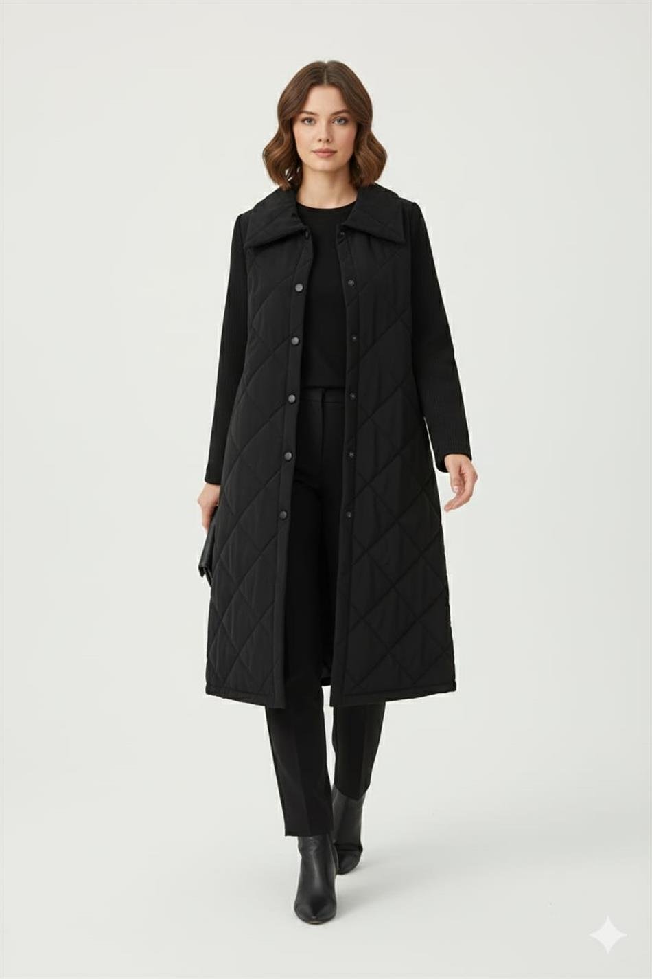 Yüksek Yün İçerikli Kol ve Yan Detaylı Soft Dolgulu Spor Zamansız Manto Kaban-Siyah