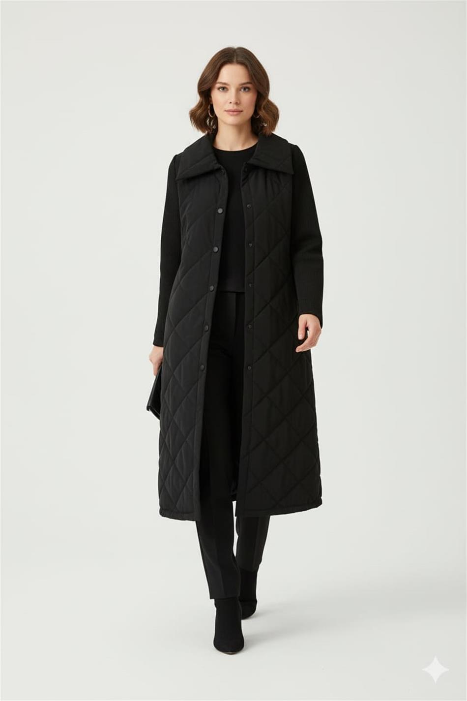 Yüksek Yün İçerikli Kol ve Yan Detaylı Soft Dolgulu Spor Zamansız Manto Kaban-Siyah