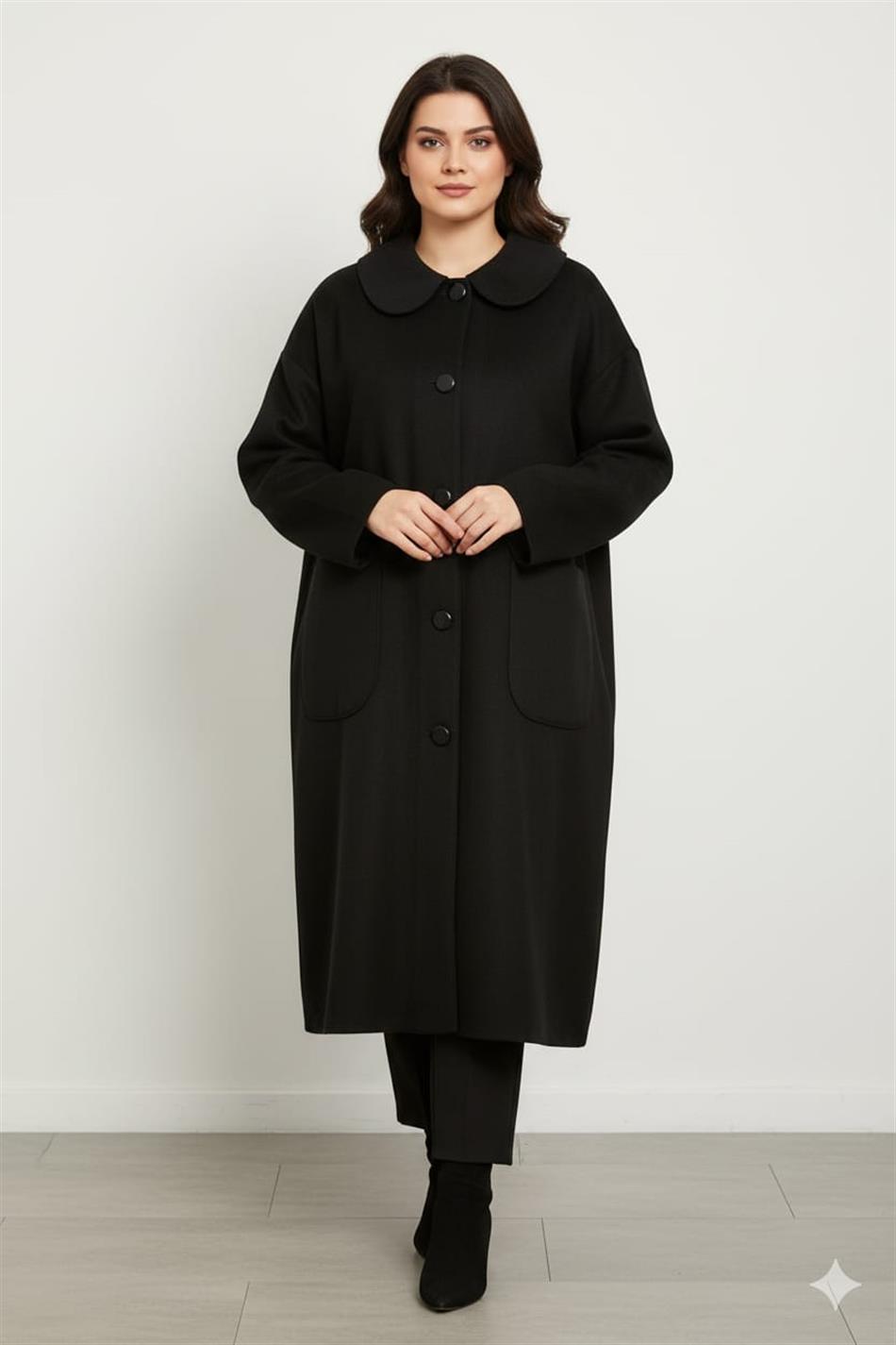 Yün Dokulu Özel Polyviskon Kumaş Astarsız Giy Çık Kap Kaban-Siyah
