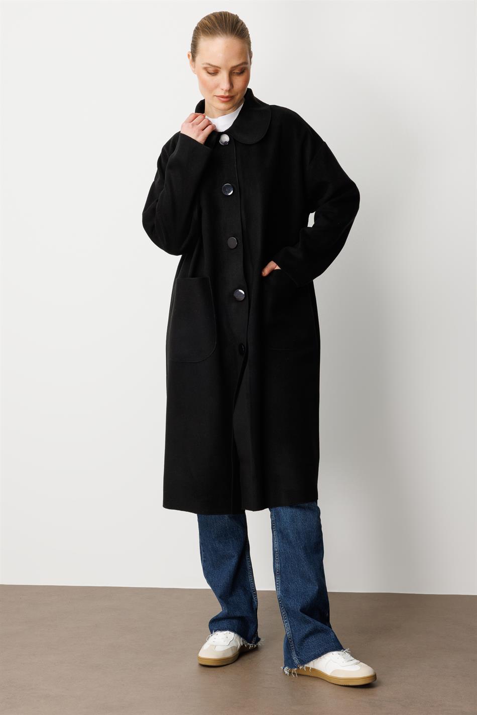 Wool-textured special polyviscose fabric unlined ready-to-wear coat - Black