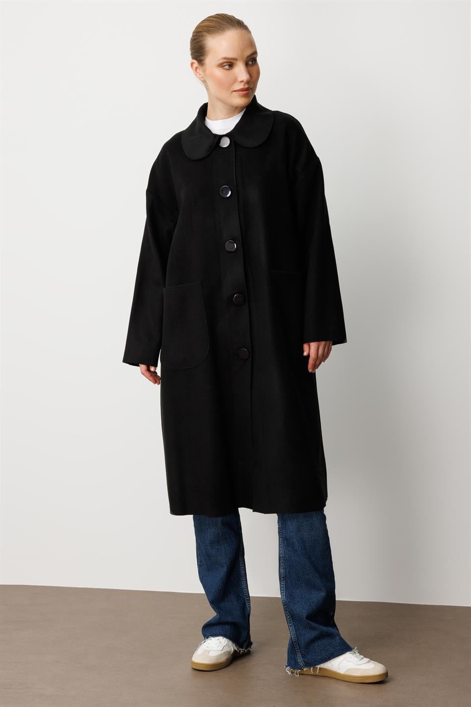 Wool-textured special polyviscose fabric unlined ready-to-wear coat - Black