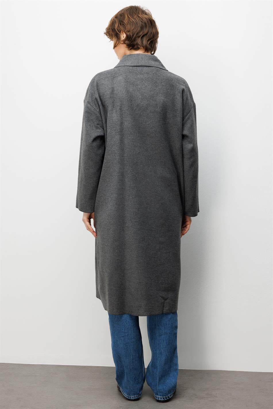 Yün Dokulu Özel Polyviskon Kumaş Astarsız Giy Çık Kap Kaban-Gri