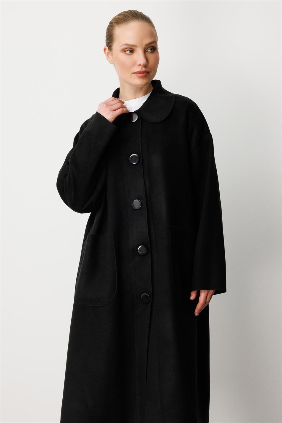 Wool-textured special polyviscose fabric unlined ready-to-wear coat - Black