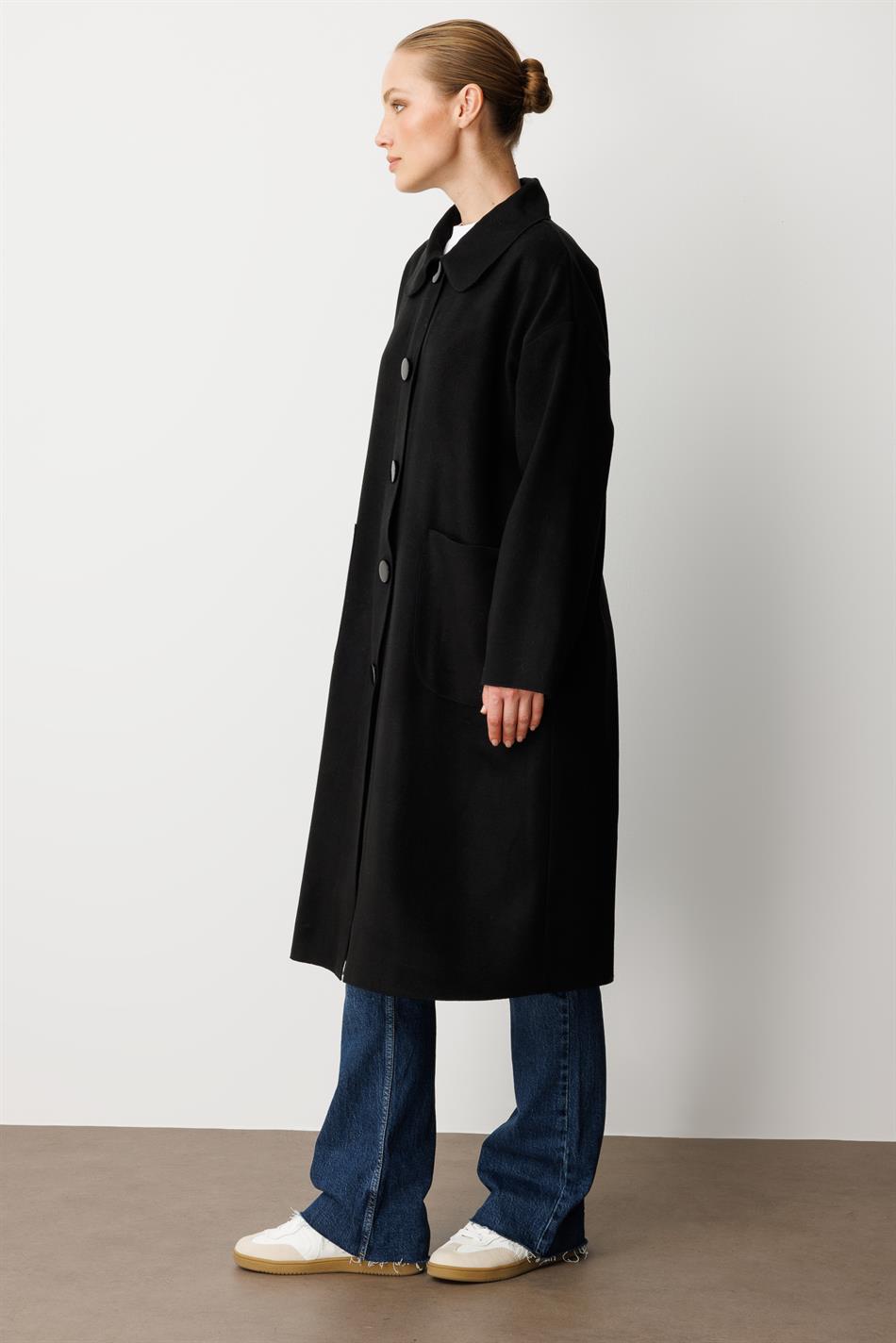 Wool-textured special polyviscose fabric unlined ready-to-wear coat - Black